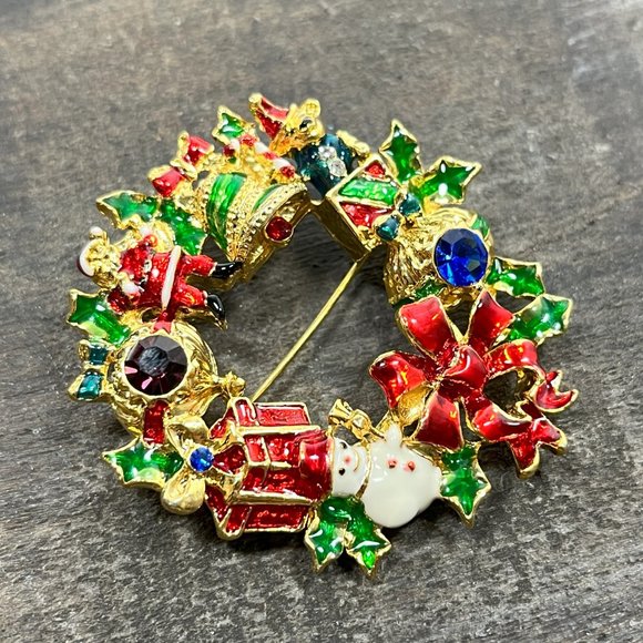 Christopher Radko Signed Christmas Wreath Pin Brooch / Pendant Gold Toned - Picture 5 of 10